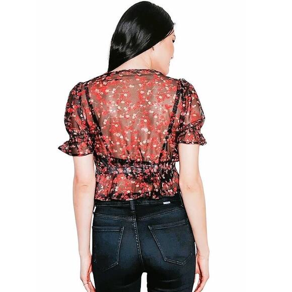 LULUS Signature Style Black Floral Print Sheer Ruffled Wrap Top ~ Womens Size XS - Picture 4 of 7